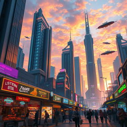A futuristic cityscape at sunset, featuring towering skyscrapers with neon lights, flying cars zooming past, and people in stylish cyberpunk outfits walking on the streets