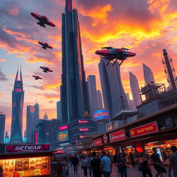 A futuristic cityscape at sunset, featuring towering skyscrapers with neon lights, flying cars zooming past, and people in stylish cyberpunk outfits walking on the streets