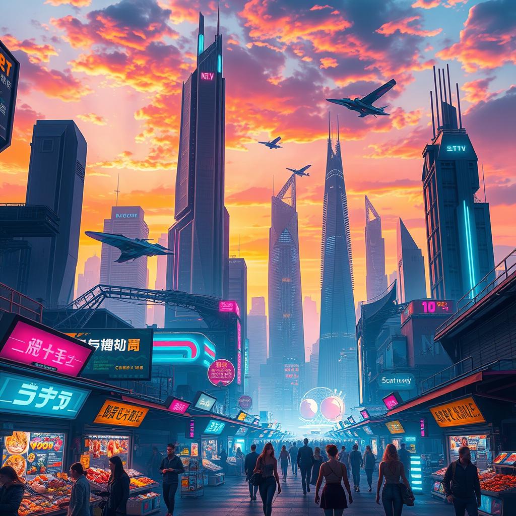 A futuristic cityscape at sunset, featuring towering skyscrapers with neon lights, flying cars zooming past, and people in stylish cyberpunk outfits walking on the streets