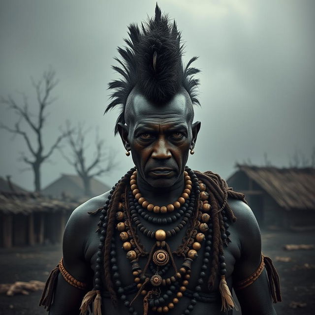 A gloomy village chief with a striking mohawk hairstyle, standing in a dark, somber setting