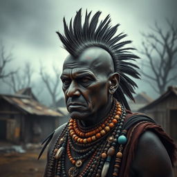 A gloomy village chief with a striking mohawk hairstyle, standing in a dark, somber setting