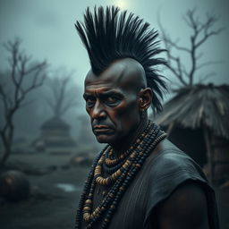 A gloomy village chief with a striking mohawk hairstyle, standing in a dark, somber setting