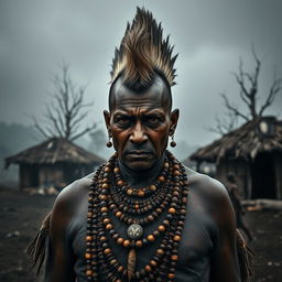 A gloomy village chief with a striking mohawk hairstyle, standing in a dark, somber setting