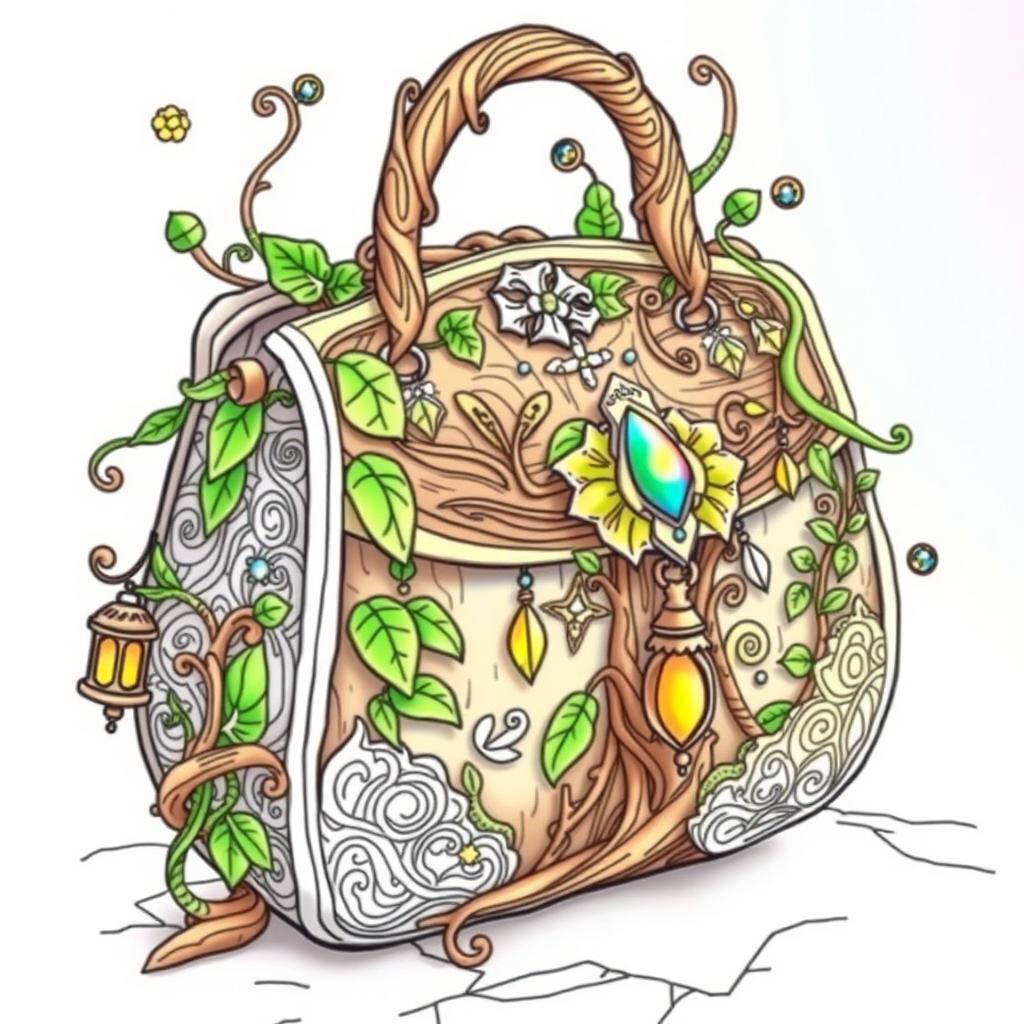 A whimsical, highly imaginative fantasy handbag from a fairy or gnome world, featuring intricate designs of plants, leaves, and wood