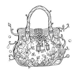 A whimsical, highly imaginative fantasy handbag from a fairy or gnome world, featuring intricate designs of plants, leaves, and wood