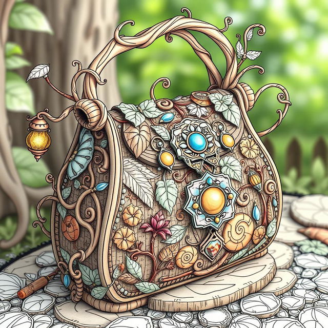 A whimsical, highly imaginative fantasy handbag from a fairy or gnome world, featuring intricate designs of plants, leaves, and wood