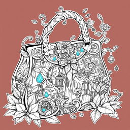 A whimsical, highly imaginative fantasy handbag from a fairy or gnome world, featuring intricate designs of plants, leaves, and wood