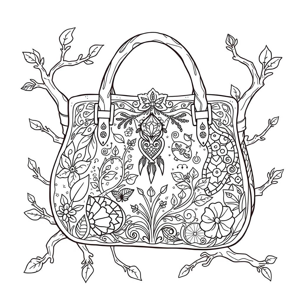 A whimsical and imaginative coloring page illustration of a fantasy handbag inspired by fairy or gnome aesthetics