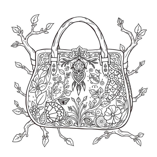 A whimsical and imaginative coloring page illustration of a fantasy handbag inspired by fairy or gnome aesthetics