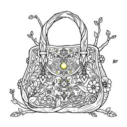 A whimsical and imaginative coloring page illustration of a fantasy handbag inspired by fairy or gnome aesthetics