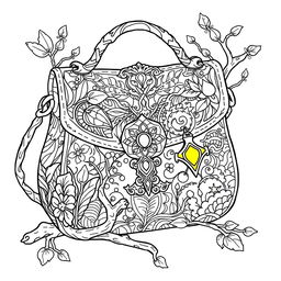 A whimsical and imaginative coloring page illustration of a fantasy handbag inspired by fairy or gnome aesthetics