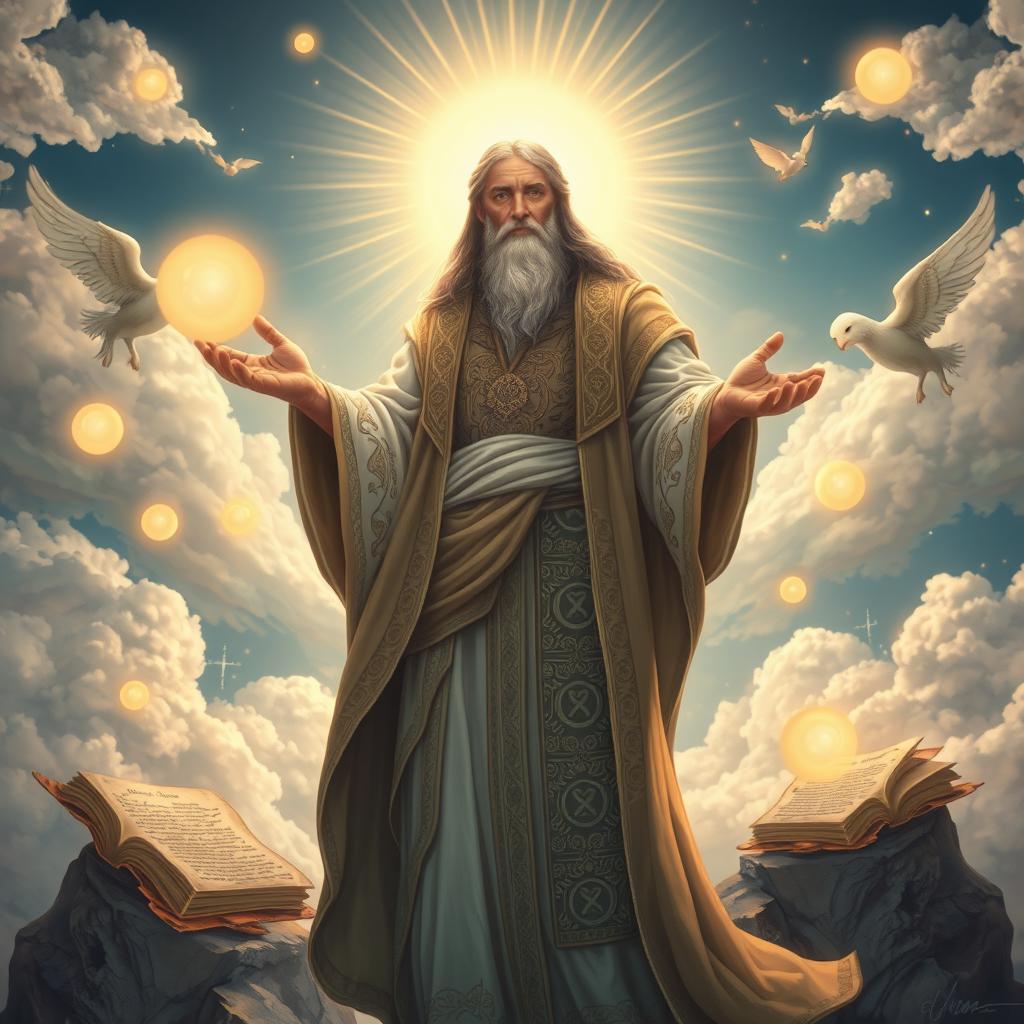 A majestic, ethereal depiction of the biblical figure Enoch, illustrated in a serene celestial landscape