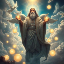 A majestic, ethereal depiction of the biblical figure Enoch, illustrated in a serene celestial landscape
