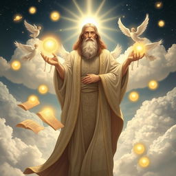 A majestic, ethereal depiction of the biblical figure Enoch, illustrated in a serene celestial landscape