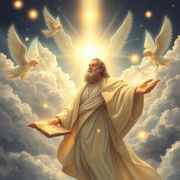A majestic, ethereal depiction of the biblical figure Enoch, illustrated in a serene celestial landscape