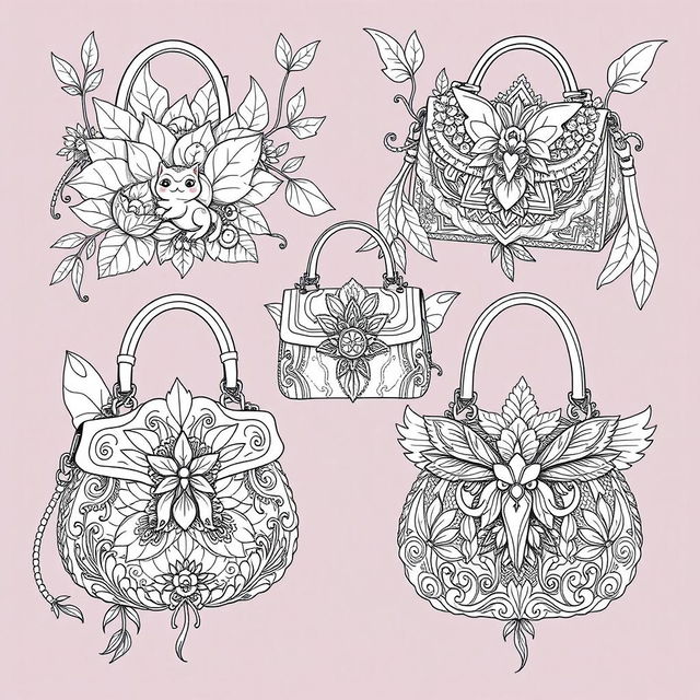 A delightful coloring page illustration featuring multiple fantasy handbags inspired by fairy and gnome aesthetics