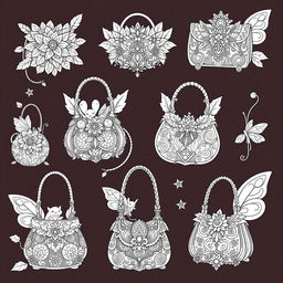 A delightful coloring page illustration featuring multiple fantasy handbags inspired by fairy and gnome aesthetics