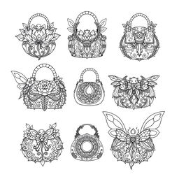 A delightful coloring page illustration featuring multiple fantasy handbags inspired by fairy and gnome aesthetics