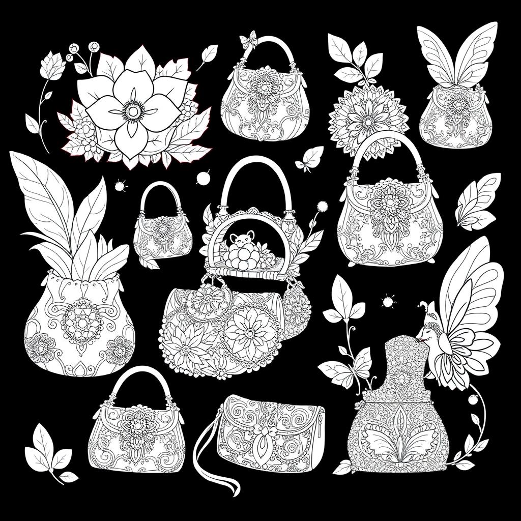 A delightful coloring page illustration featuring multiple fantasy handbags inspired by fairy and gnome aesthetics