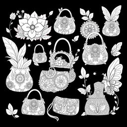 A delightful coloring page illustration featuring multiple fantasy handbags inspired by fairy and gnome aesthetics