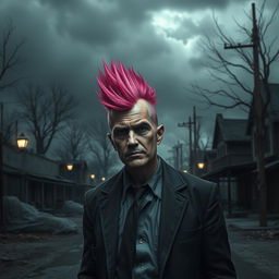 A gloomy village mayor with a vibrant pink mohawk hairstyle, standing amidst a dark and desolate village scene