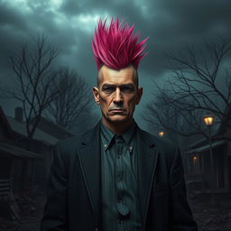 A gloomy village mayor with a vibrant pink mohawk hairstyle, standing amidst a dark and desolate village scene