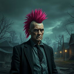 A gloomy village mayor with a vibrant pink mohawk hairstyle, standing amidst a dark and desolate village scene
