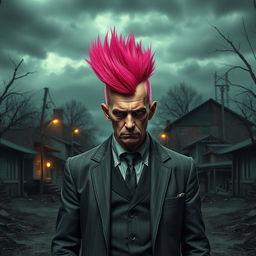 A gloomy village mayor with a vibrant pink mohawk hairstyle, standing amidst a dark and desolate village scene