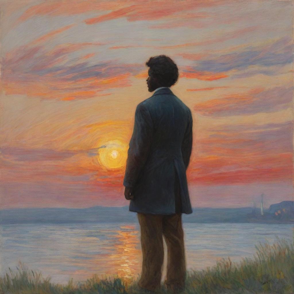 Portray in Claude Monet's style, a 12-year-old Frederick Douglass, his back towards us, gazing at a sunset signaling his longing for freedom. The vibrant and dynamic strokes marry the setting sun and his aspirations, producing a captivating scene.