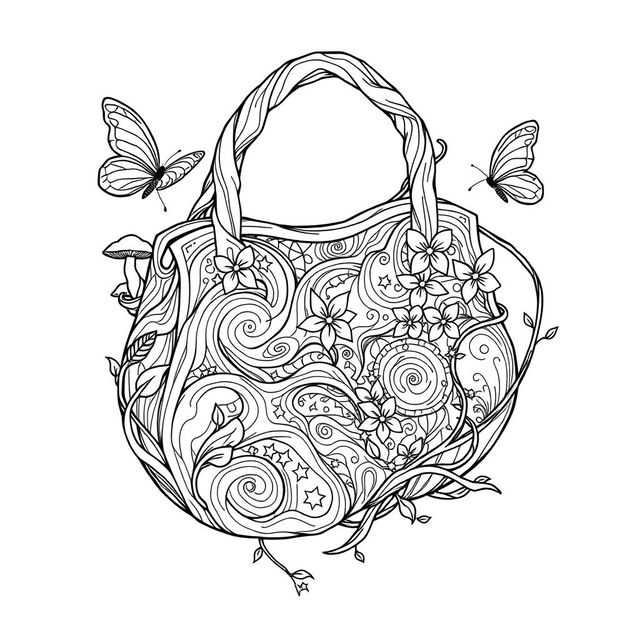 A mesmerizing coloring page illustration of a singular fantasy handbag inspired by the enchanting worlds of fairies and gnomes