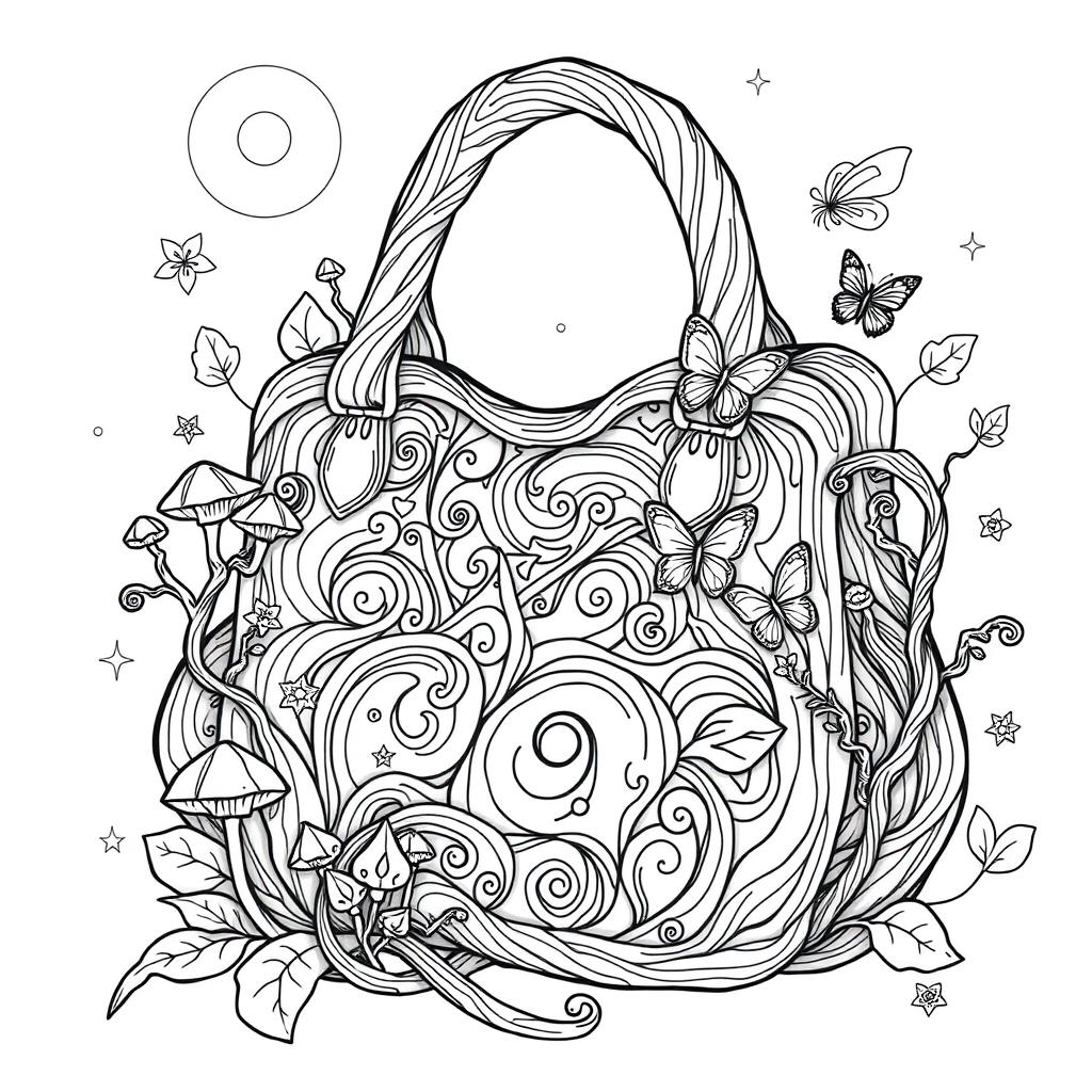 A mesmerizing coloring page illustration of a singular fantasy handbag inspired by the enchanting worlds of fairies and gnomes