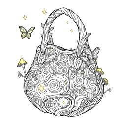 A mesmerizing coloring page illustration of a singular fantasy handbag inspired by the enchanting worlds of fairies and gnomes