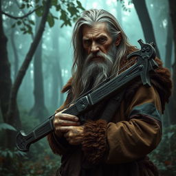 An old hermit with a weathered face and long, unkempt hair, gripping a crossbow in his hands
