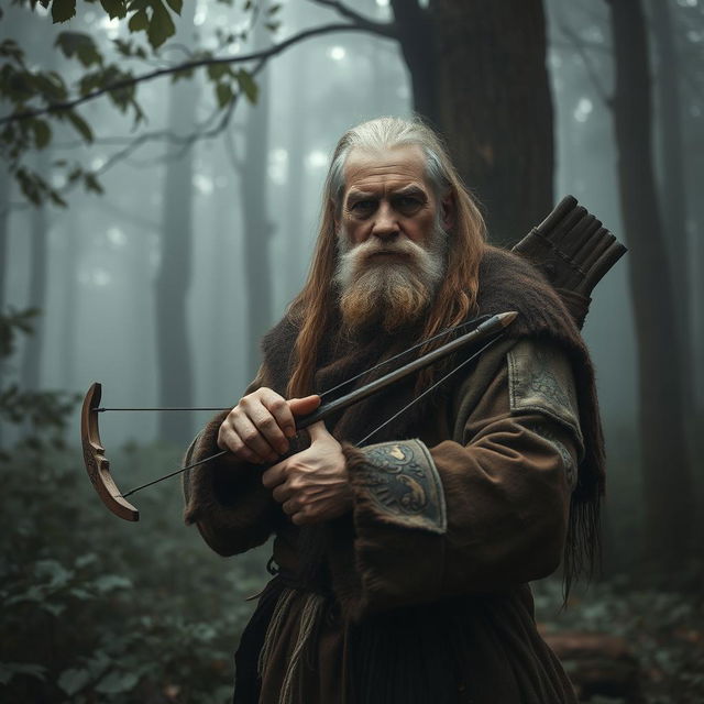 An old hermit with a weathered face and long, unkempt hair, gripping a crossbow in his hands