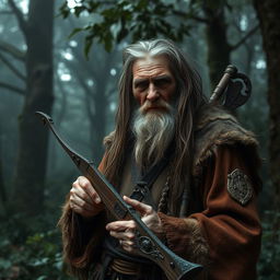 An old hermit with a weathered face and long, unkempt hair, gripping a crossbow in his hands