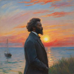 Portray in Claude Monet's style, a 12-year-old Frederick Douglass, his back towards us, gazing at a sunset signaling his longing for freedom. The vibrant and dynamic strokes marry the setting sun and his aspirations, producing a captivating scene.