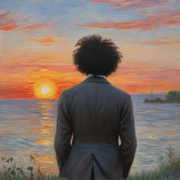 Portray in Claude Monet's style, a 12-year-old Frederick Douglass, his back towards us, gazing at a sunset signaling his longing for freedom. The vibrant and dynamic strokes marry the setting sun and his aspirations, producing a captivating scene.