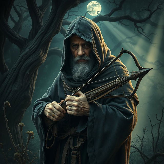 An old hermit in a tattered, dark hooded cloak, holding a crossbow firmly in his gnarled hands