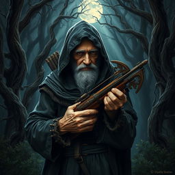 An old hermit in a tattered, dark hooded cloak, holding a crossbow firmly in his gnarled hands