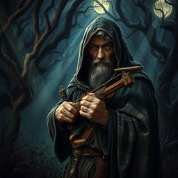 An old hermit in a tattered, dark hooded cloak, holding a crossbow firmly in his gnarled hands