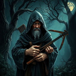 An old hermit in a tattered, dark hooded cloak, holding a crossbow firmly in his gnarled hands