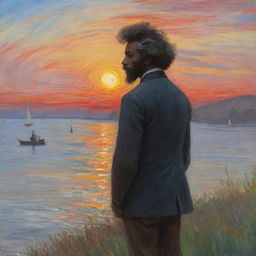 Portray in Claude Monet's style, a 12-year-old Frederick Douglass, his back towards us, gazing at a sunset signaling his longing for freedom. The vibrant and dynamic strokes marry the setting sun and his aspirations, producing a captivating scene.