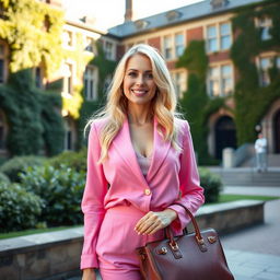 A stylish and confident blonde woman in a chic pink outfit, carrying a designer handbag