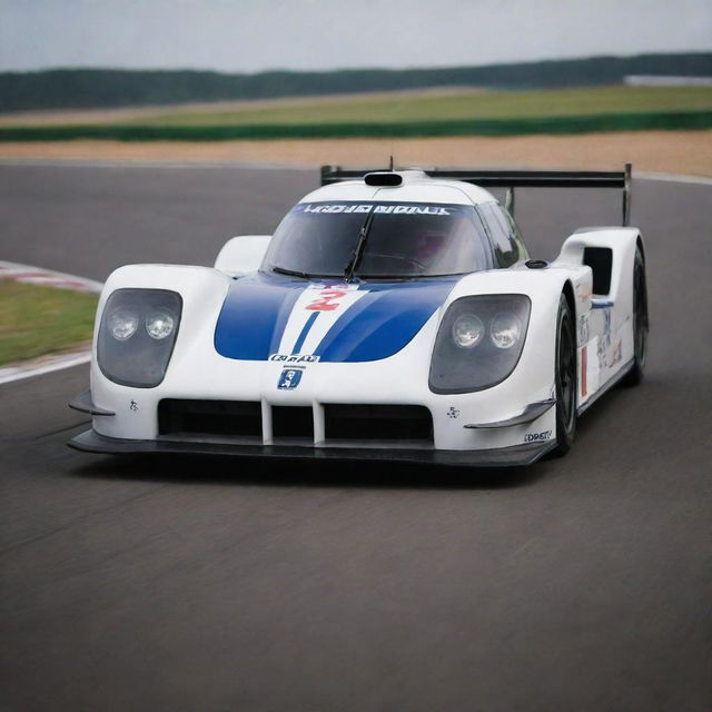 A Le Mans racing car from the 2000s era, representing advancements in automotive design and technology. The car exudes resistance with its wide, low shape, aerodynamic contours, vibrant colors, and powerful combustion engine