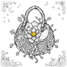 A captivating coloring page illustration of a singular fantasy handbag inspired by the enchanting realms of fairies and gnomes
