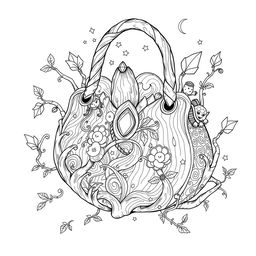 A captivating coloring page illustration of a singular fantasy handbag inspired by the enchanting realms of fairies and gnomes