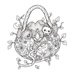 A captivating coloring page illustration of a singular fantasy handbag inspired by the enchanting realms of fairies and gnomes