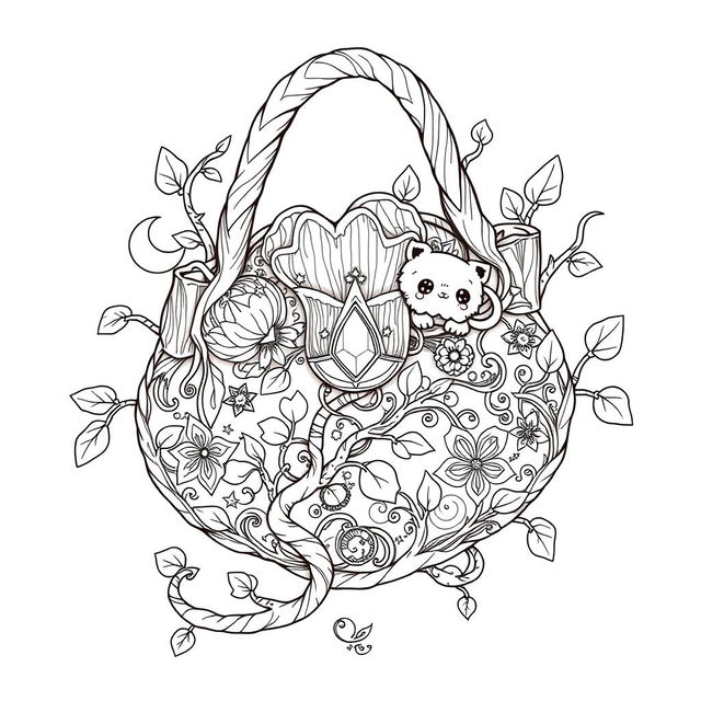 A captivating coloring page illustration of a singular fantasy handbag inspired by the enchanting realms of fairies and gnomes