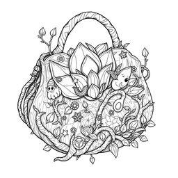 A captivating coloring page illustration of a singular fantasy handbag inspired by the enchanting realms of fairies and gnomes