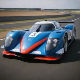 A Le Mans racing car from the 2000s era, representing advancements in automotive design and technology. The car exudes resistance with its wide, low shape, aerodynamic contours, vibrant colors, and powerful combustion engine